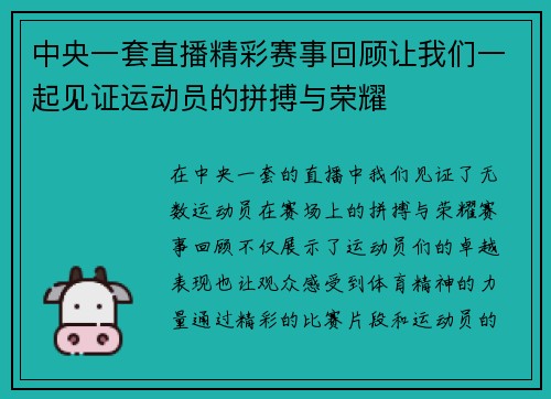 中央一套直播精彩赛事回顾让我们一起见证运动员的拼搏与荣耀